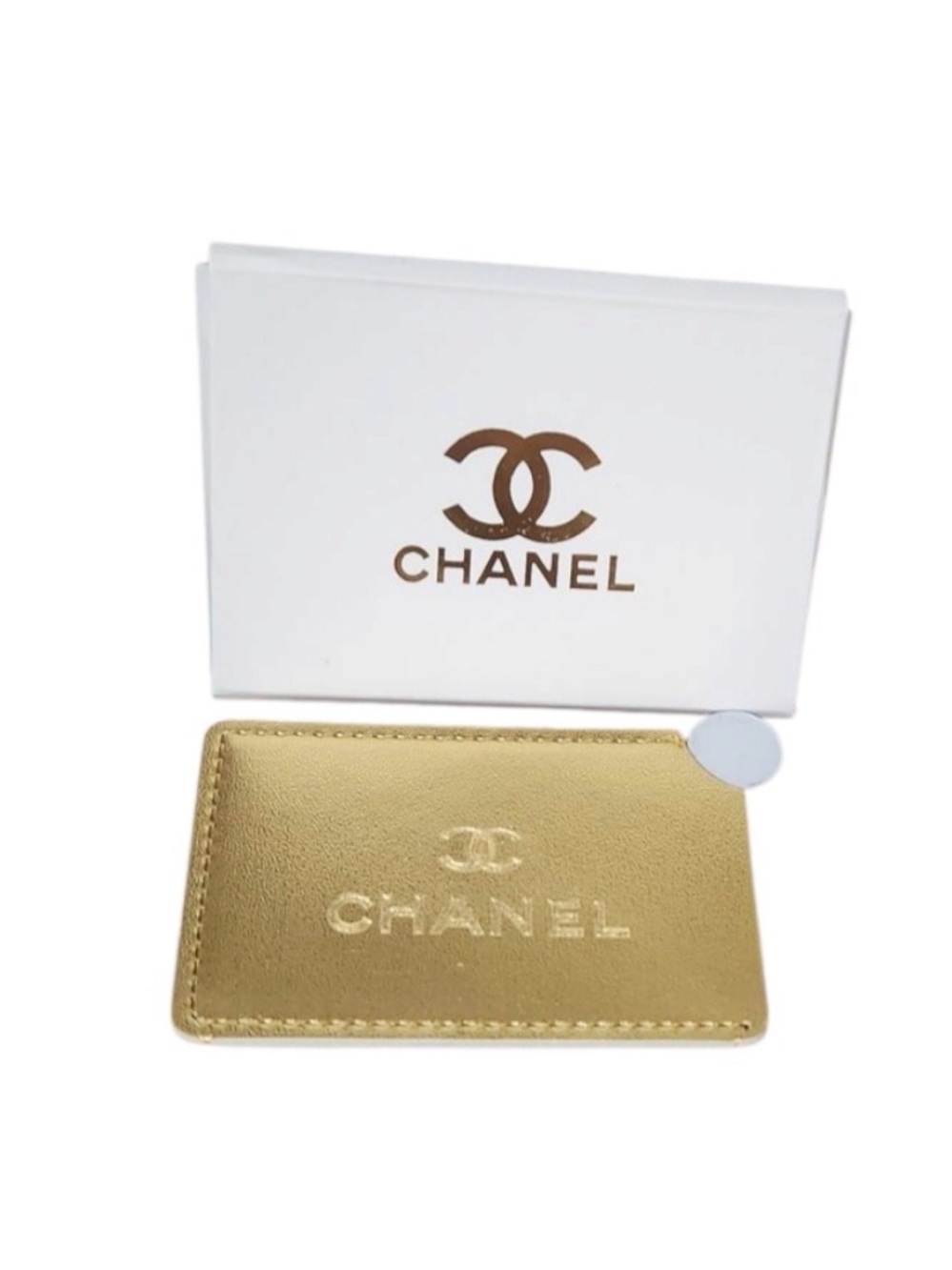 Chanel shimmering metallic gold card & mirror holder mirror New In Box Authentic